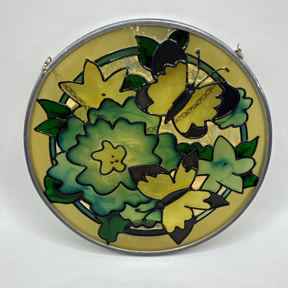 Vintage Joan Baker‎ Handpainted Stained Glass Suncatcher Butterflies & Flowers